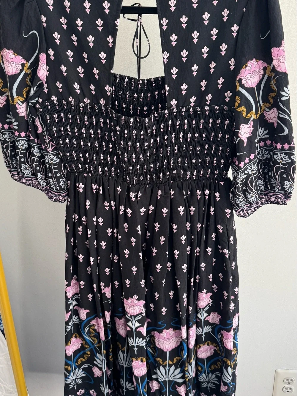 Anthropologie Black Floral Smocked Midi Dress with Pink & Blue Accents - Picture 4 of 5